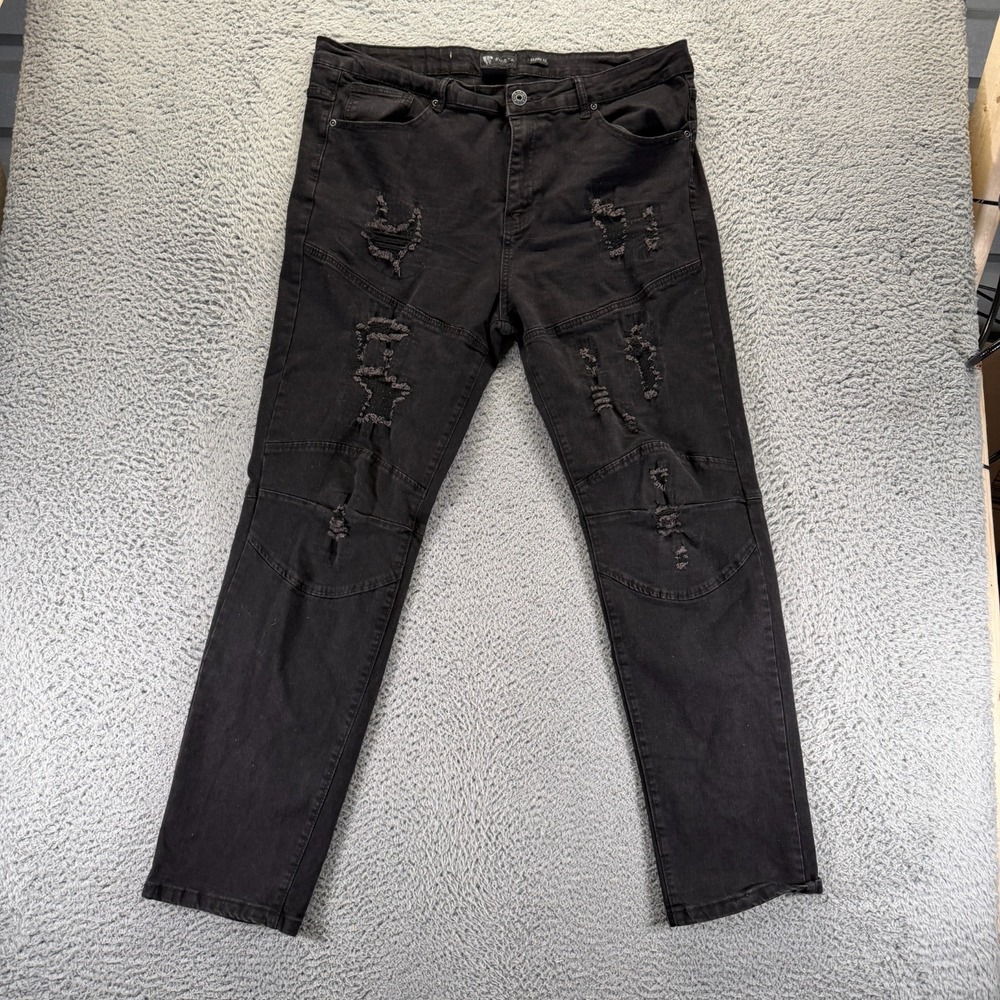Waimea Jeans Mens 38x32 Black Cotton Denim Skinny Distressed Workwear Stretch